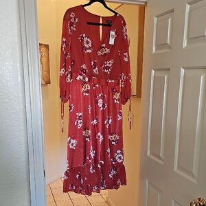 Rust Colored Red Floral Long Sleeve Dress